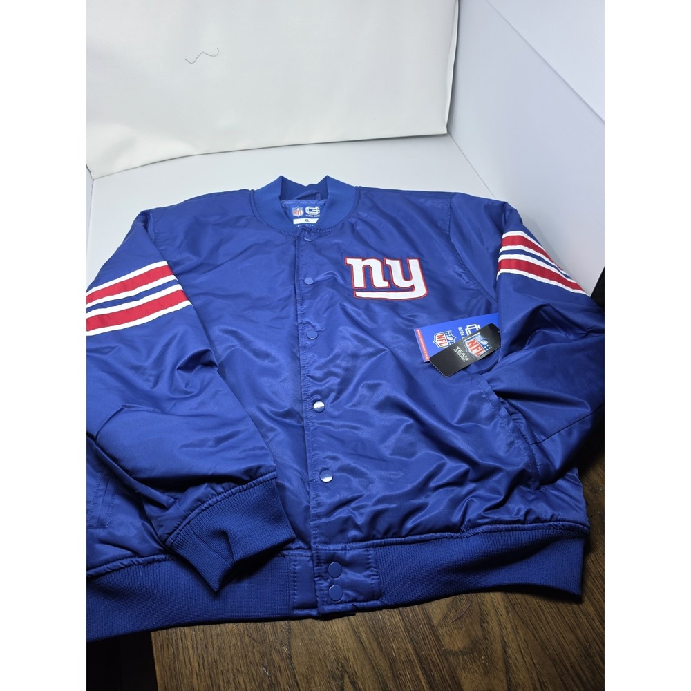 NFL Ultra Game New York Giants Satin Varsity Jacket Blue Mens XL Bomber Snap